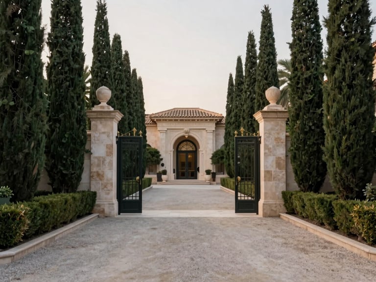 Architectural wide shot of a luxury villa entrance gates in Valencia, clean gravel driveway, manicured cypress trees, soft warm evening light