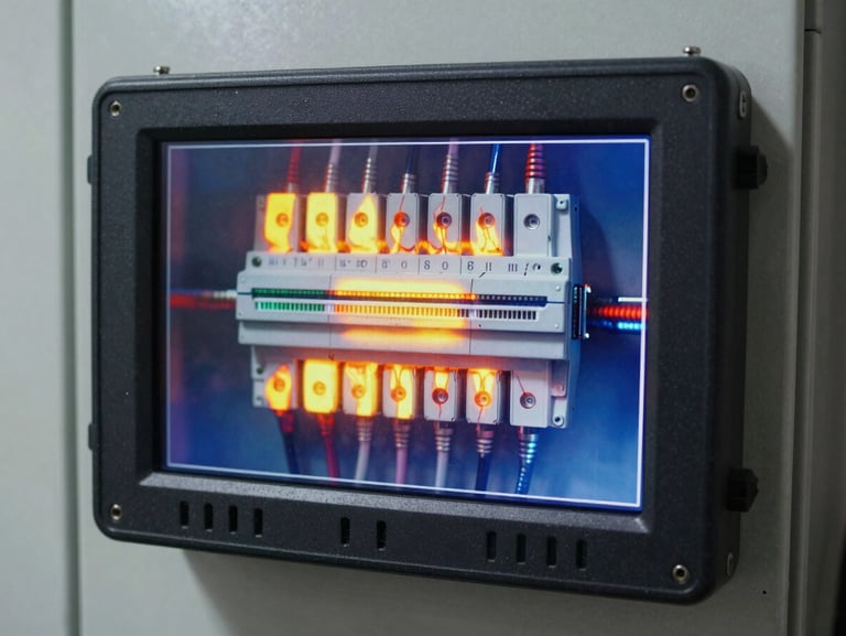 A thermal imaging camera screen displaying heat signatures of an overloaded residential electrical panel, high-contrast technical utility aesthetic.