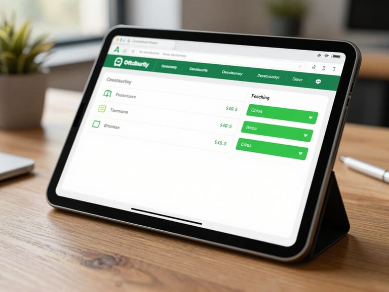 A close-up of a tablet screen displaying a clean cybersecurity dashboard with green status indicators, sitting on a wooden office desk in bright natural Australian daylight.