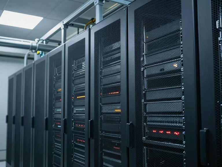 Close-up of industrial HVAC installations and high-density server racks inside an enterprise data center, sharp metallic textures, cold overcast daylight.