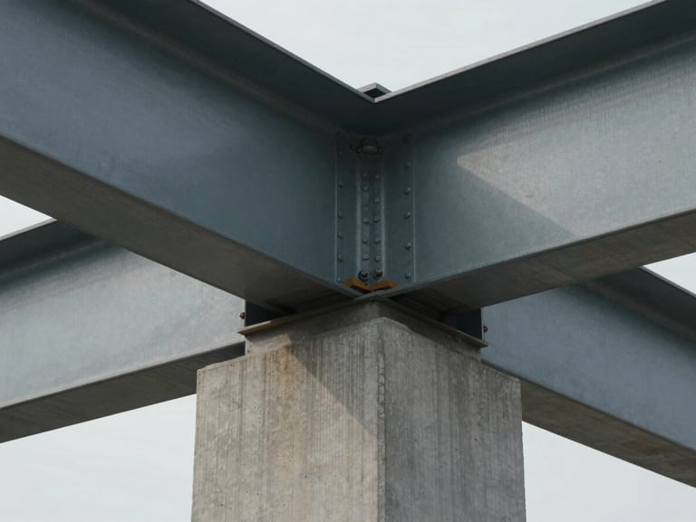 Extreme close-up of structural steel beams meeting at a raw concrete foundation, overcast daylight, sharp architectural lines.