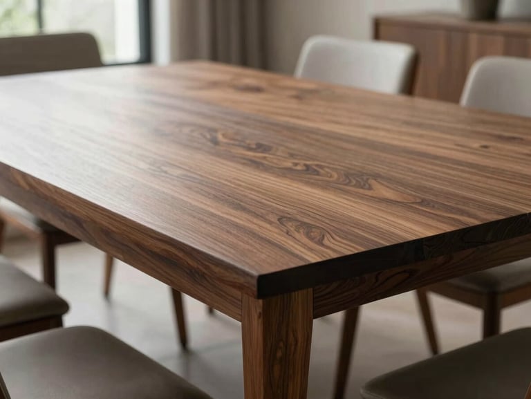 Close-up of a solid walnut dining table surface photographed in natural room light, visible wood grain and hand-fitted mortise-and-tenon corner joint in sharp focus, installed in a client dining room, overcast daylight from a nearby window