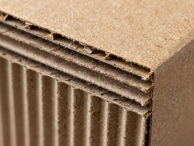 Extreme close-up of corrugated board cross-section showing fluted internal structure and kraft liner surface, bright studio strobe lighting, sharp material texture detail, no text