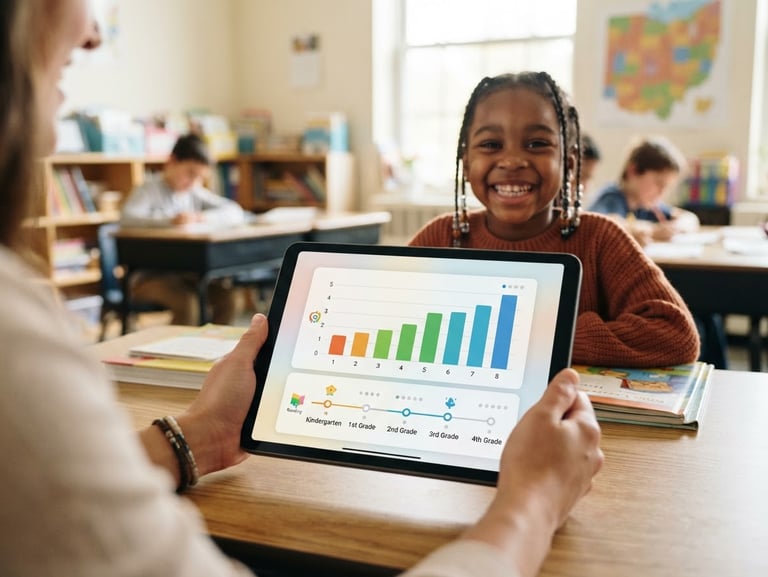A clean digital tablet screen showing a child's reading progress chart with colorful bar graphs, simple reading level markers, and a warm editorial photo of an Ohio student smiling in the background.