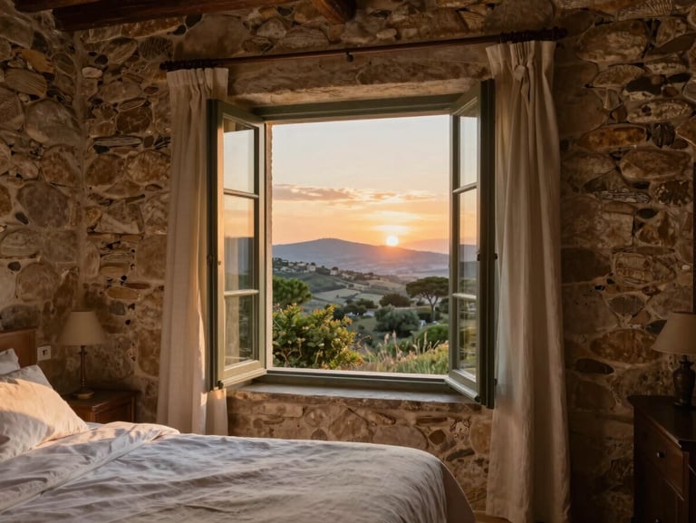 A rustic stone villa bedroom with open windows looking out to a Mediterranean landscape at sunset, linen curtains blowing softly.