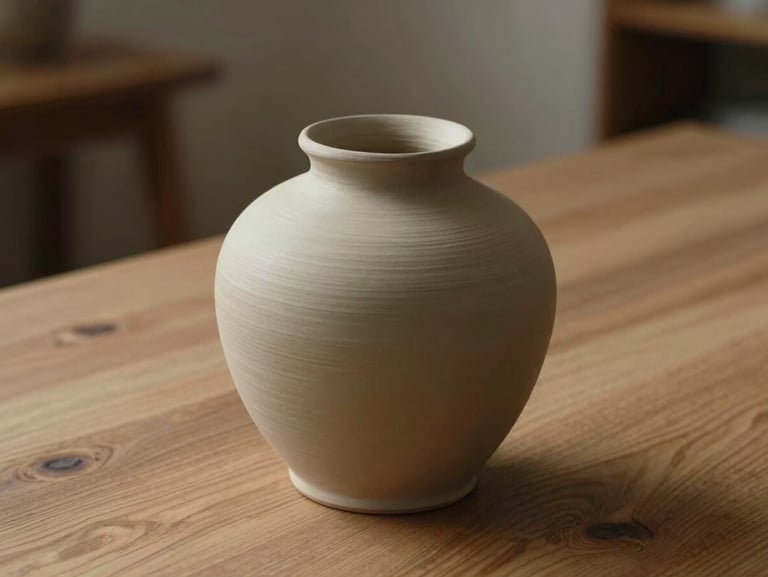 Detail of a handmade ceramic vase on a raw oak table, soft side light highlighting the texture of the clay, warm minimal aesthetic.