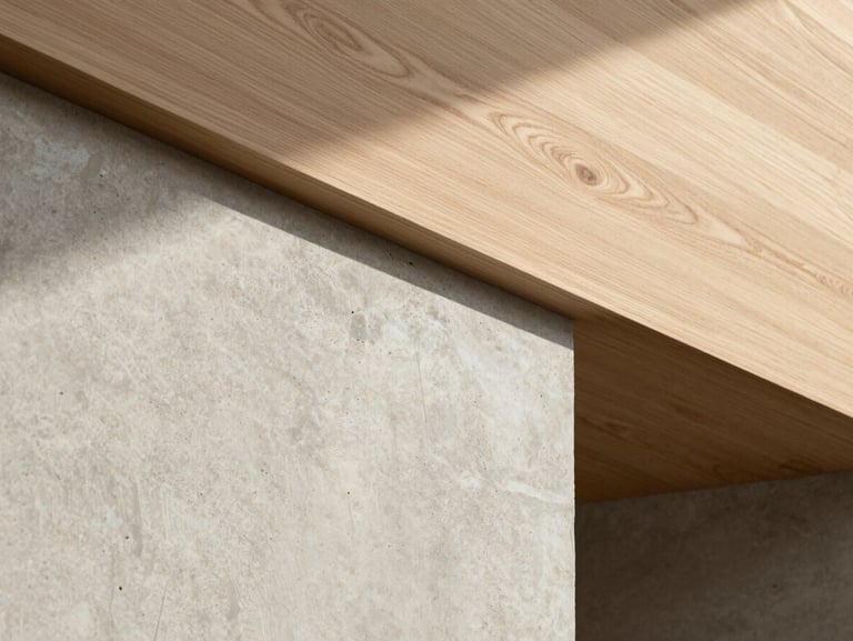 Tight abstract detail crop of raw concrete meeting warm oak wood, soft diffused light, minimalist architectural texture