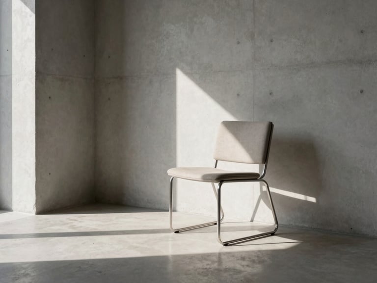 Minimalist interior angle showing a single designer chair in a concrete room, dramatic harsh sunlight shadow, 35mm lens
