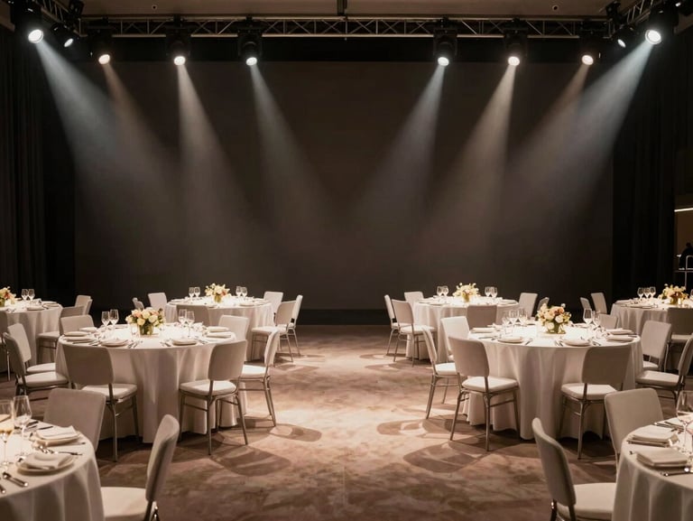 Wide environmental shot of a prestigious corporate gala, dramatic spotlighting against deep charcoal backdrops, modern architectural staging