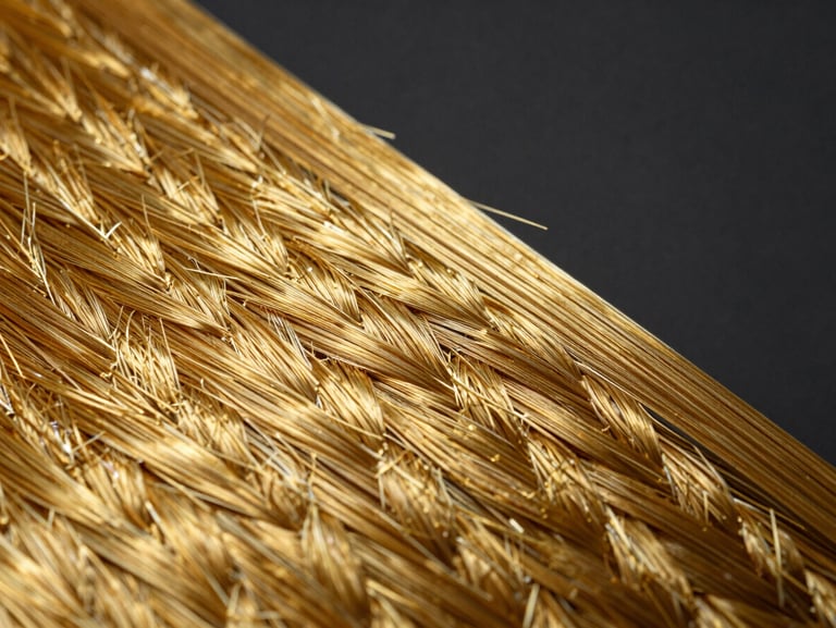 Macro-texture close-up of woven golden aramid fibers, showing high-tensile alignment and dense protective weave under crisp laboratory strobes, 35mm.