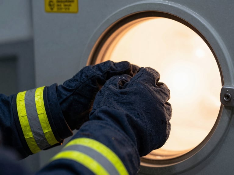 Structural firefighting gear undergoing thermal testing in a specialized high-temperature chamber, dramatic industrial backlighting, sharp focus, 35mm.