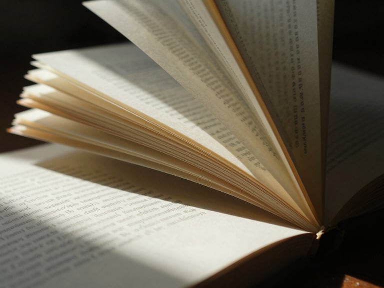 Macro shot of physical book pages catching raking light in a dark room, textured paper, moody shadows