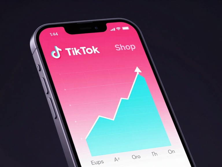 Sleek 3D digital product render of a smartphone screen showing a TikTok Shop analytics graph with upward trend in Euros, high-contrast neon pink and cyan lighting, dark background