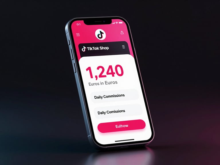 Sleek 3D digital product render of a smartphone screen showing a TikTok Shop dashboard with 1,240 Euros in daily commissions, vibrant neon pink lighting, dark ambient background