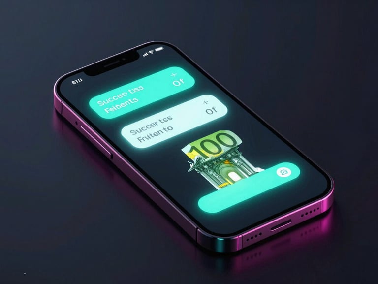 Sleek 3D digital product render of a smartphone screen showing successful transaction alerts in Euros, neon cyan lighting, futuristic tech aesthetic