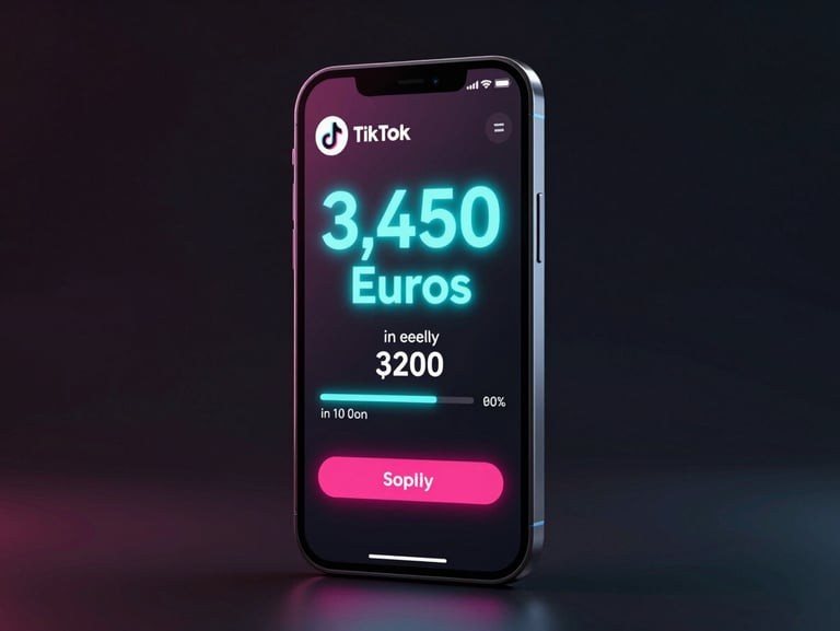 Sleek 3D digital product render of a smartphone screen showing a TikTok Shop seller panel with 3,450 Euros in weekly sales, vibrant neon cyan lighting, dark ambient background