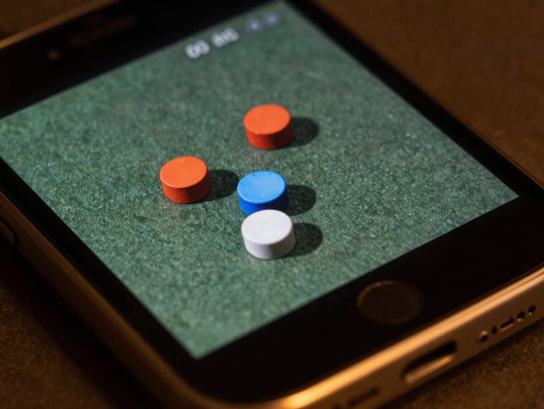 High-contrast close-up of a mobile screen showing a real-time physics simulation with rigid body collisions, amber rim lighting
