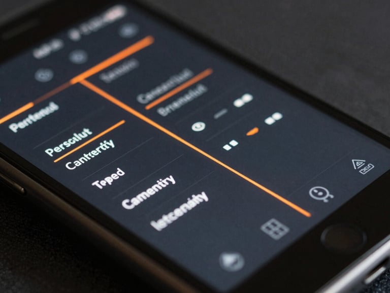 Macro shot of a physical Android device displaying a complex system control dashboard, dark charcoal interface, safety-orange accent lines