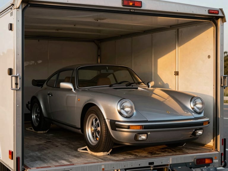 Classic luxury sports car carefully secured inside a dust-free enclosed trailer with soft wheel straps, golden hour light, sharp details.