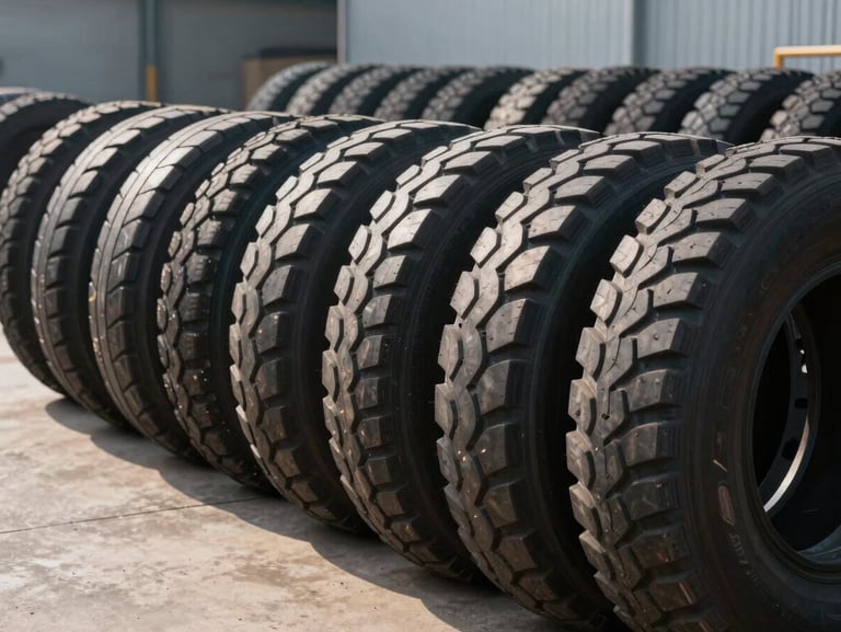 Close-up of sorted heavy truck tires stacked systematically in perfect rows on a clean concrete ground, industrial facility background, crisp daylight