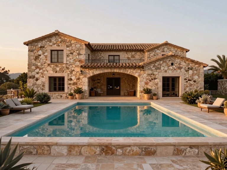 Rustic stone finca exterior in Santanyí, dry stone walling, turquoise pool reflecting warm sunset sky, elegant landscaping, 35mm