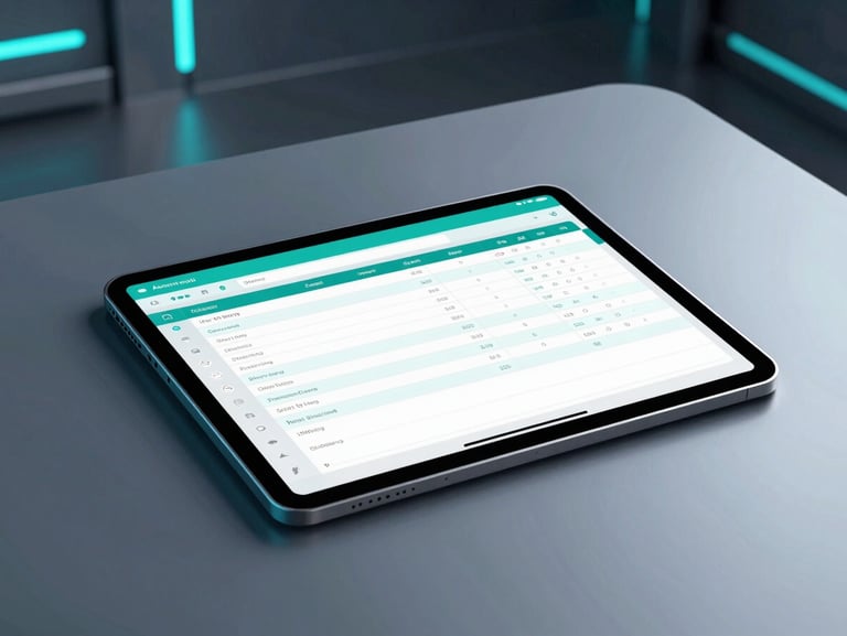 Sleek tablet displaying a modern inventory dashboard on a clean industrial table, cool teal highlights