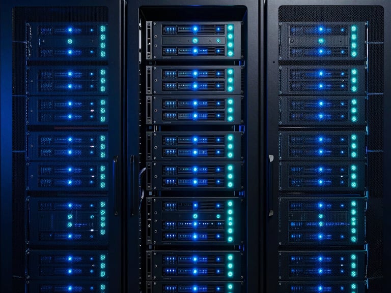 Modern server rack with blinking blue and cyan LED lights, high-contrast digital infrastructure, sharp focus