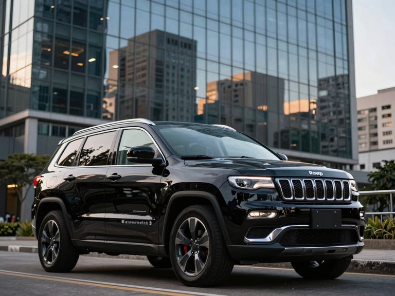 Polished black Jeep Commander parked in front of a modern glass skyscraper in São Paulo, twilight reflections on the bodywork