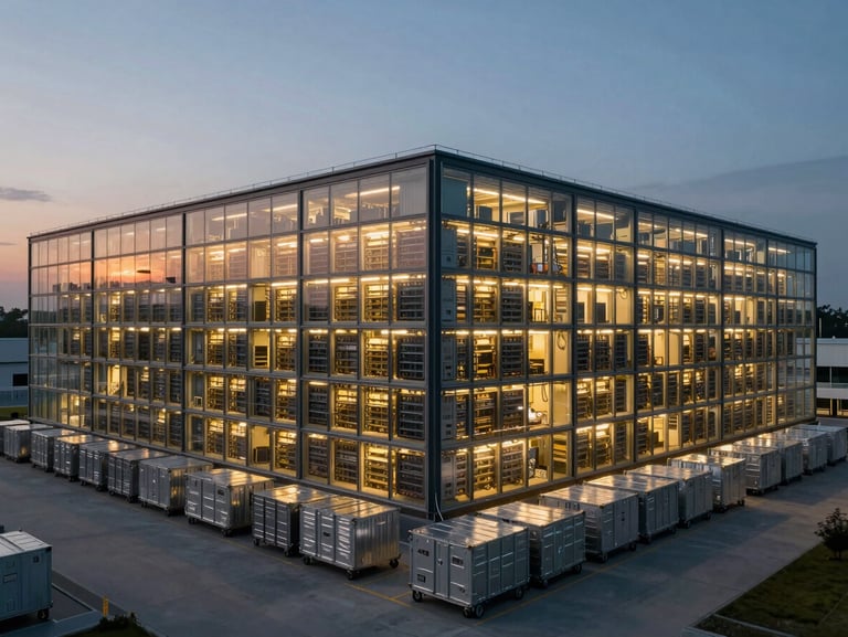 Cinematic wide architectural shot of a massive, automated distribution hub at twilight, glowing server racks visible through glass panels, metallic cargo containers lined up precisely.
