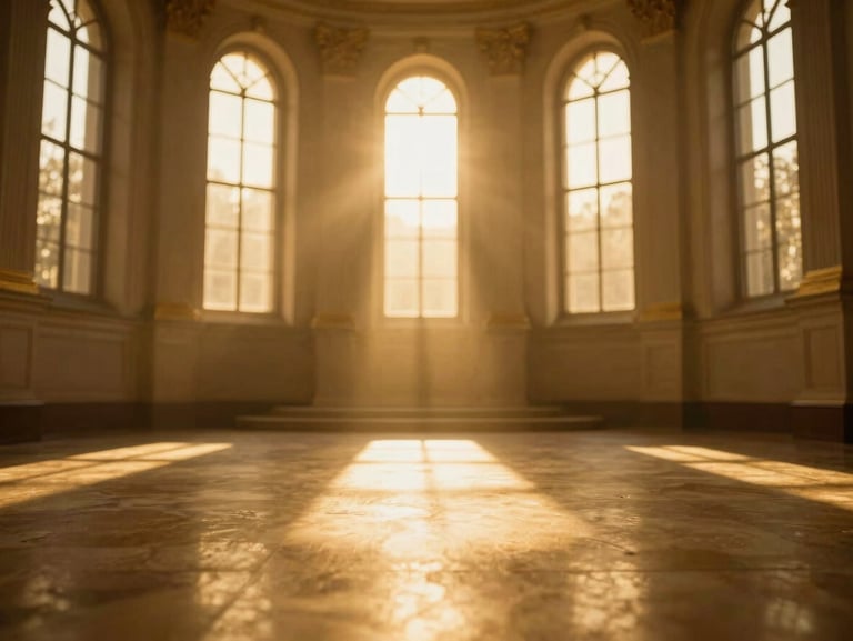 Cinematic editorial shot of an empty sanctuary glowing with golden ambient light, volumetric sunbeams breaking through high windows, shallow depth of field.