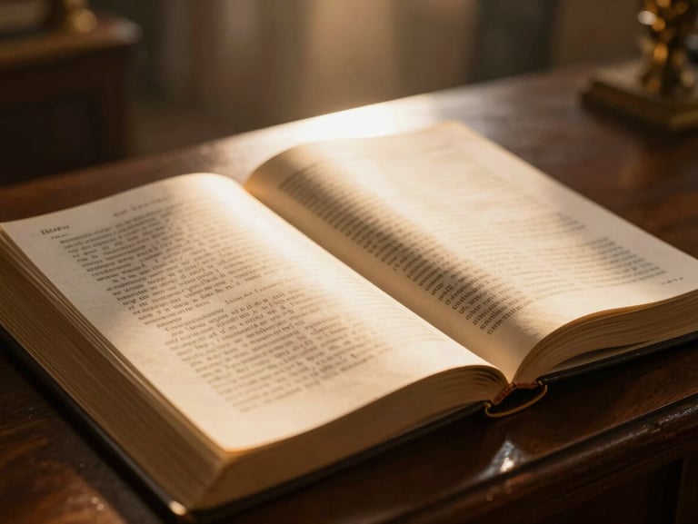 Close-up of open scriptures illuminated by a warm volumetric sunbeam on a dark wooden altar, shallow depth of field.