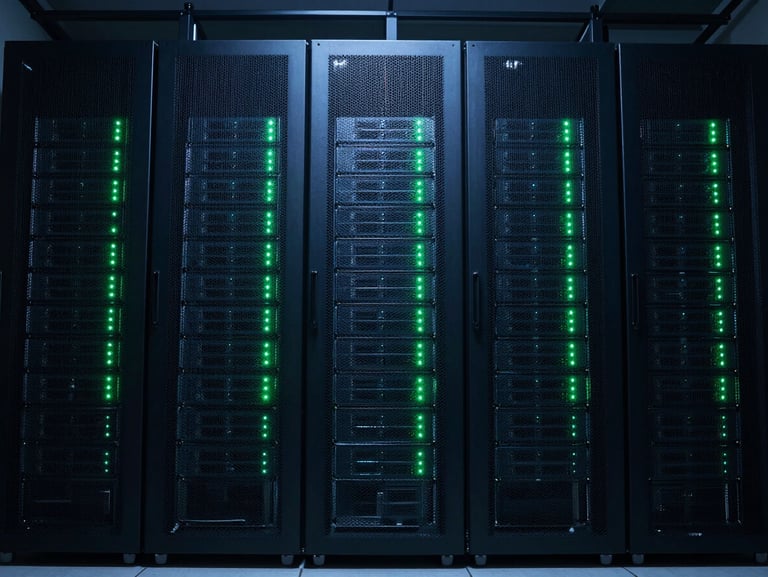 Abstract server rack patterns with green LED indicators blinking in a dark server room, symmetrical wide perspective, low-key cool-blue ambient light.