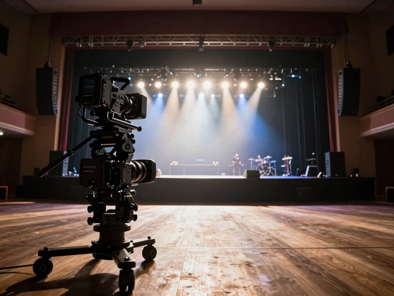 Wide-angle shot of an illuminated live stage from the back of the house, dramatic backlighting, high-contrast stage lighting casting deep shadows, professional camera rig in the foreground.
