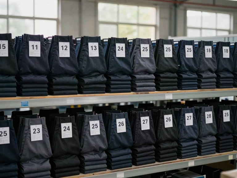 Wide environmental shot of numbered size-labeled formal trouser stacks arranged in a precise row on factory shelving, natural daylight from factory windows, labels clearly ordered by size progression, no human subject, manufacturing floor context visible in background