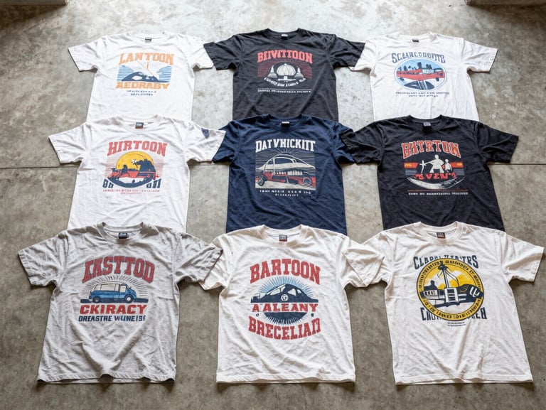 Bright overhead shot of flat lay vintage graphic t-shirts arranged neatly on a clean concrete floor, natural daylight.