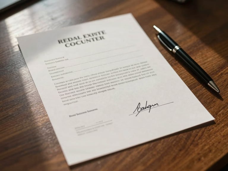 Close-up overhead of a signed real estate closing document on a wooden desk, a pen resting beside it, natural window light casting a soft shadow, Indiana county recorder stamp faintly visible