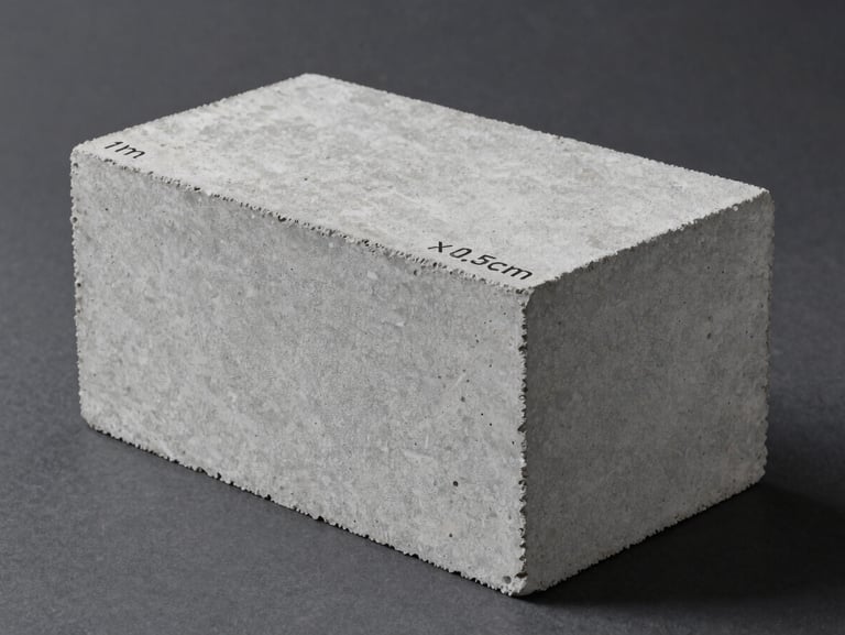 Straight-on technical studio shot of a single gray concrete foam block measuring 1m x 0.5m x 15cm, showing sharp edges and uniform cellular texture against a clean dark gray background.