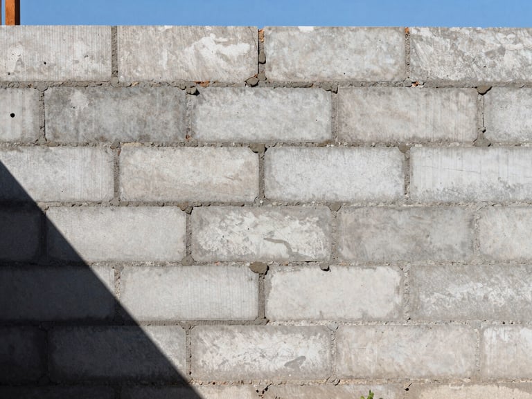 Straight-on technical view of an unfinished wall being built with large 1m x 0.5m concrete blocks in Paraguay, harsh midday sun casting sharp shadows, showing clean mortar lines and rapid assembly.