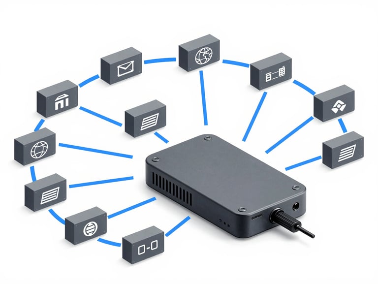 Abstract parcel flow diagram showing data packets routing from global postal icons to a single central device, flat vector style, slate-gray and electric blue lines, white background.