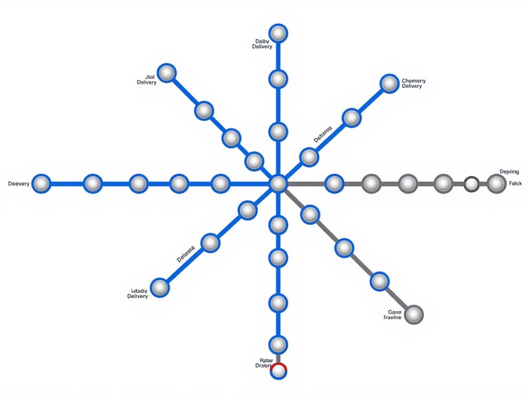 A clean vector-based transit route map showing interconnected shipping nodes and real-time delivery paths, flat high-contrast digital rendering, electric blue and slate gray lines on a light background, generous whitespace.
