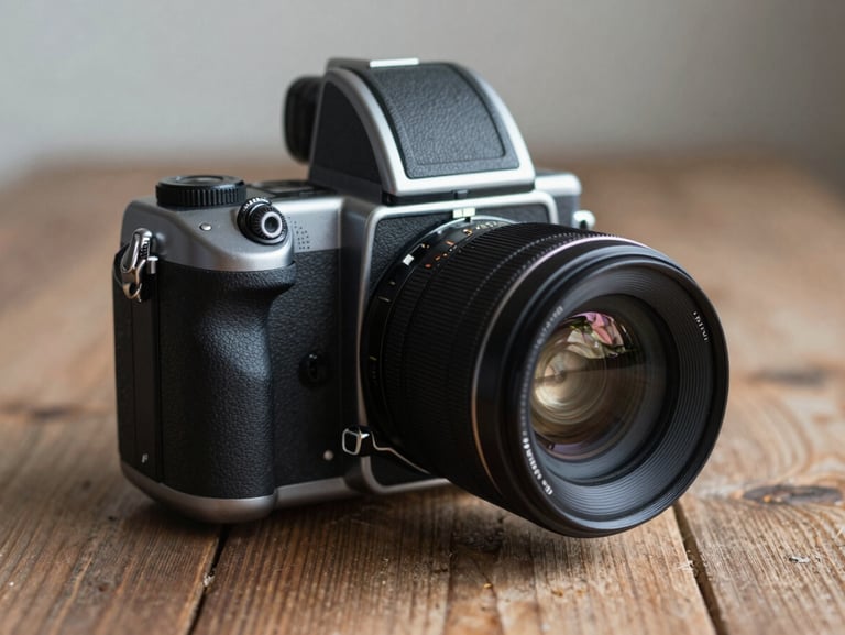 A close-up of a medium format camera sitting on a rustic wooden table, soft side light, desaturated tones