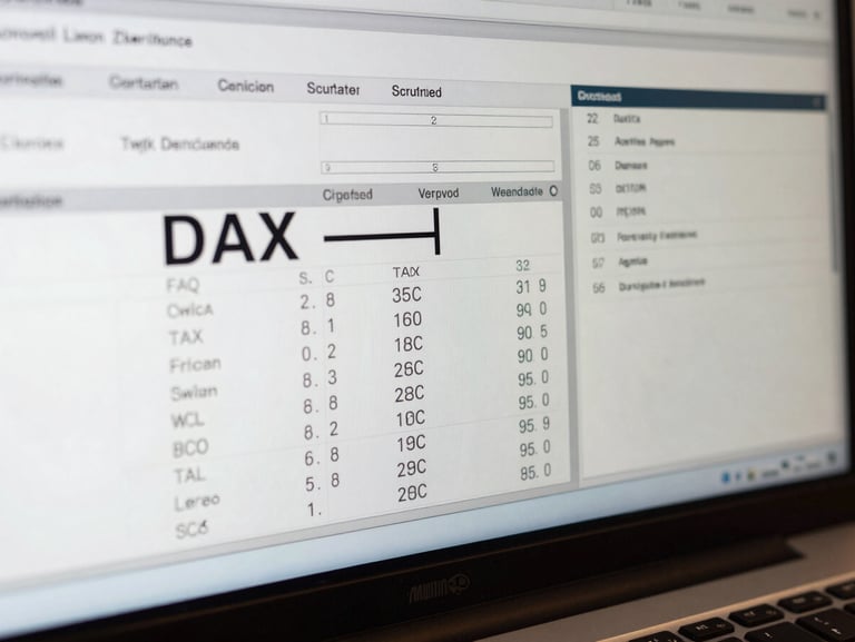 Macro shot of a computer monitor displaying clean DAX formulas and structured SQL database pipelines, high-contrast technical aesthetic.