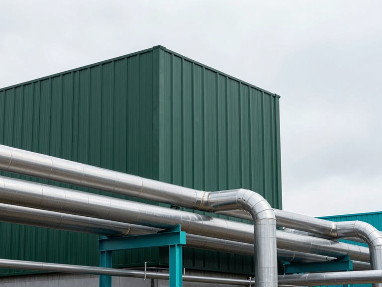 Modern industrial carbon capture facility with sleek metallic pipes against a clean overcast sky, sharp focus, tech-minimalist aesthetic