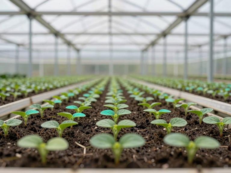 Macro shot of young green saplings growing in structured neat rows inside a modern greenhouse nursery, crisp overcast daylight, sharp focus