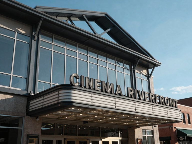 Crisp daytime exterior of the Penn Cinema Riverfront theater, highlighting modern steel framing and glass panels against a clear blue sky