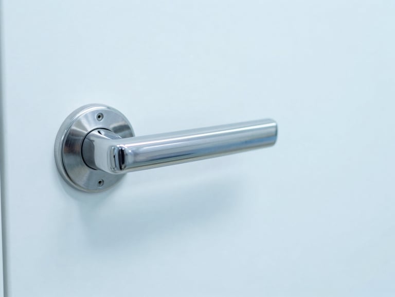 Macro-level detail shot of a pristine, sanitized stainless steel door handle in a medical clinic, bright high-key lighting, sharp focus, clinical blue and white tones