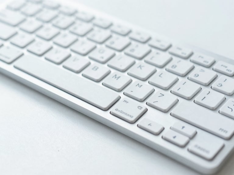 Macro shot of a perfectly sanitized, gleaming computer keyboard and pristine desk surface under bright clean daylight, 35mm