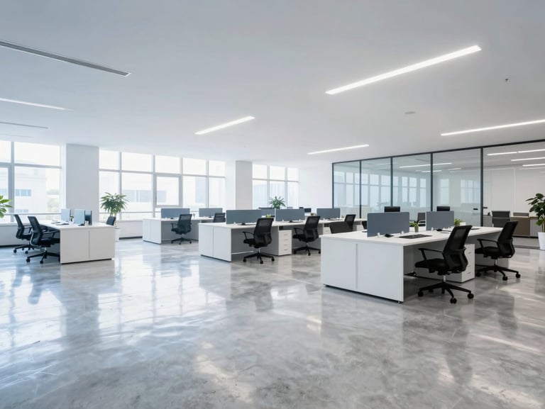 Bright wide-angle environmental shot of an immaculate corporate office lobby, polished concrete floors reflecting daylight, dust-free workstations, sharp focus
