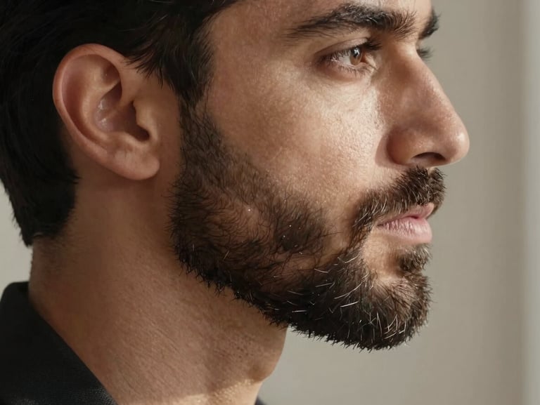 Elegant profile of a refined gentleman with a perfectly groomed, dense beard, warm natural light, soft shadows, clinical luxury aesthetic.