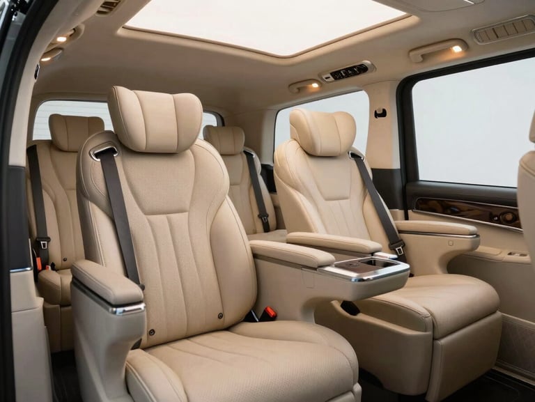 Elegant interior of a luxury Mercedes V-Class private transport, soft leather seats, warm ambient lighting, clinical-grade cleanliness.